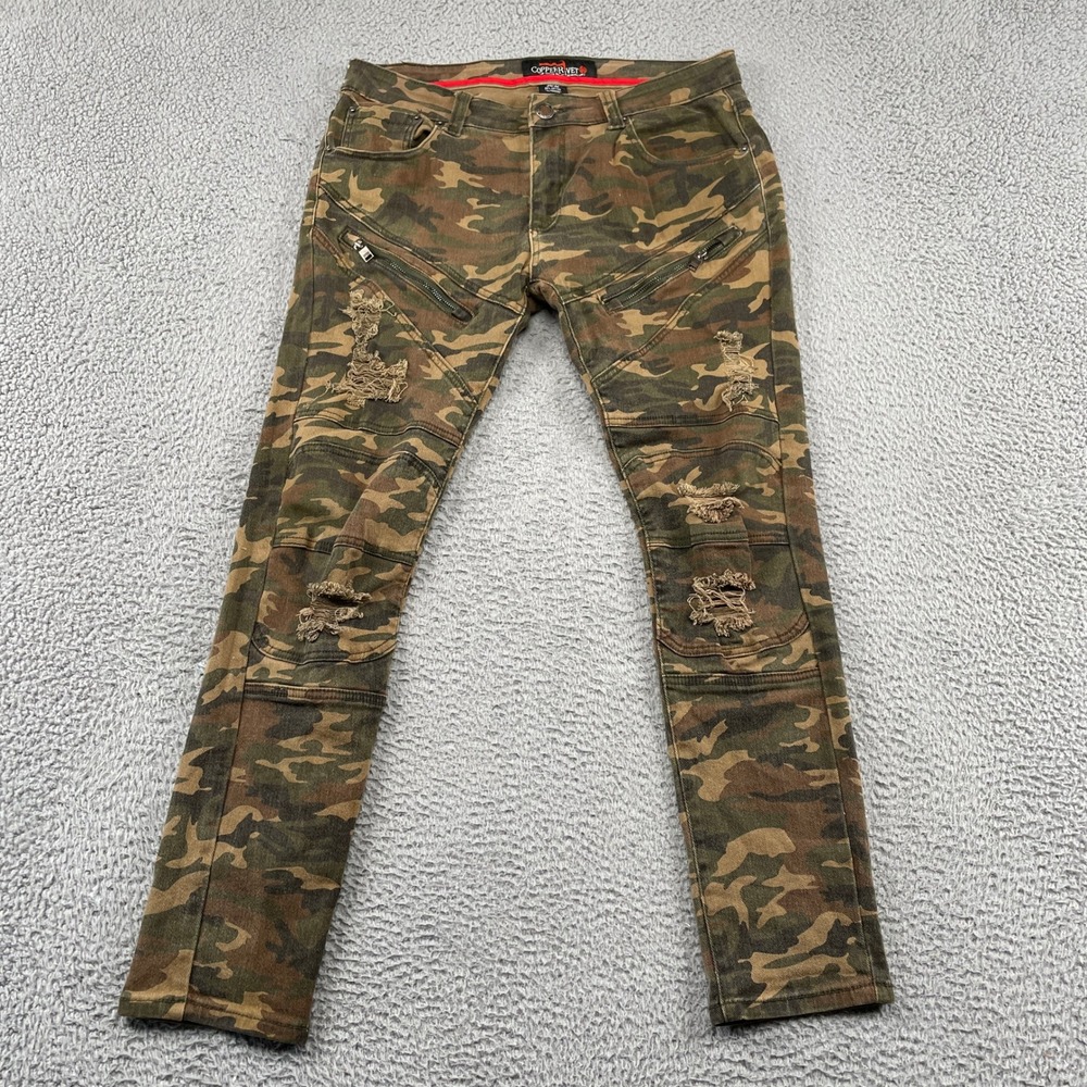 Copper Rivet Jeans Mens 34x32 Green Camo Distressed Moto Biker Zipper Slim Fit